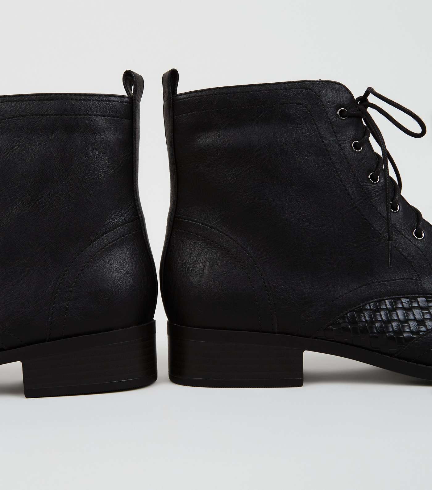 Black Woven Panel Flat Lace Up Boots Image 4