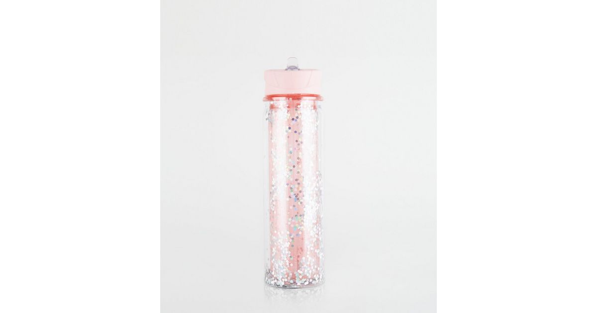 Pink Glitter Flip Straw 550ml Water Bottle, New Look