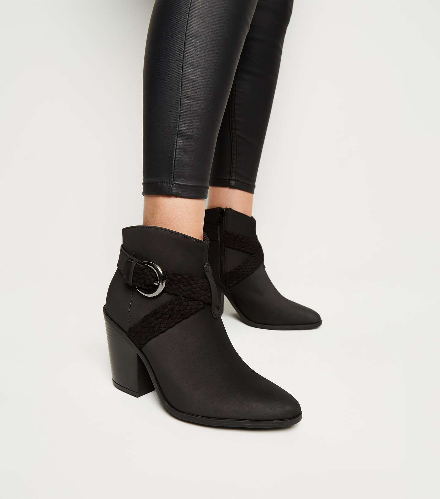 Black Woven Strap Heeled Western Boots Image 2
