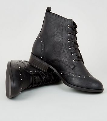 Black Leather-Look Studded Brogue Boots 