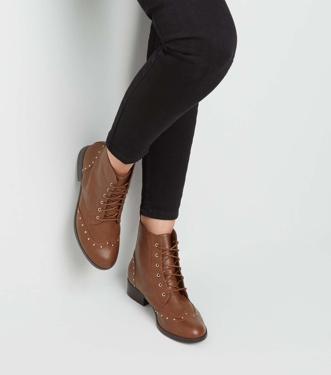 Brown Leather-Look Studded Brogue Boots Image 2