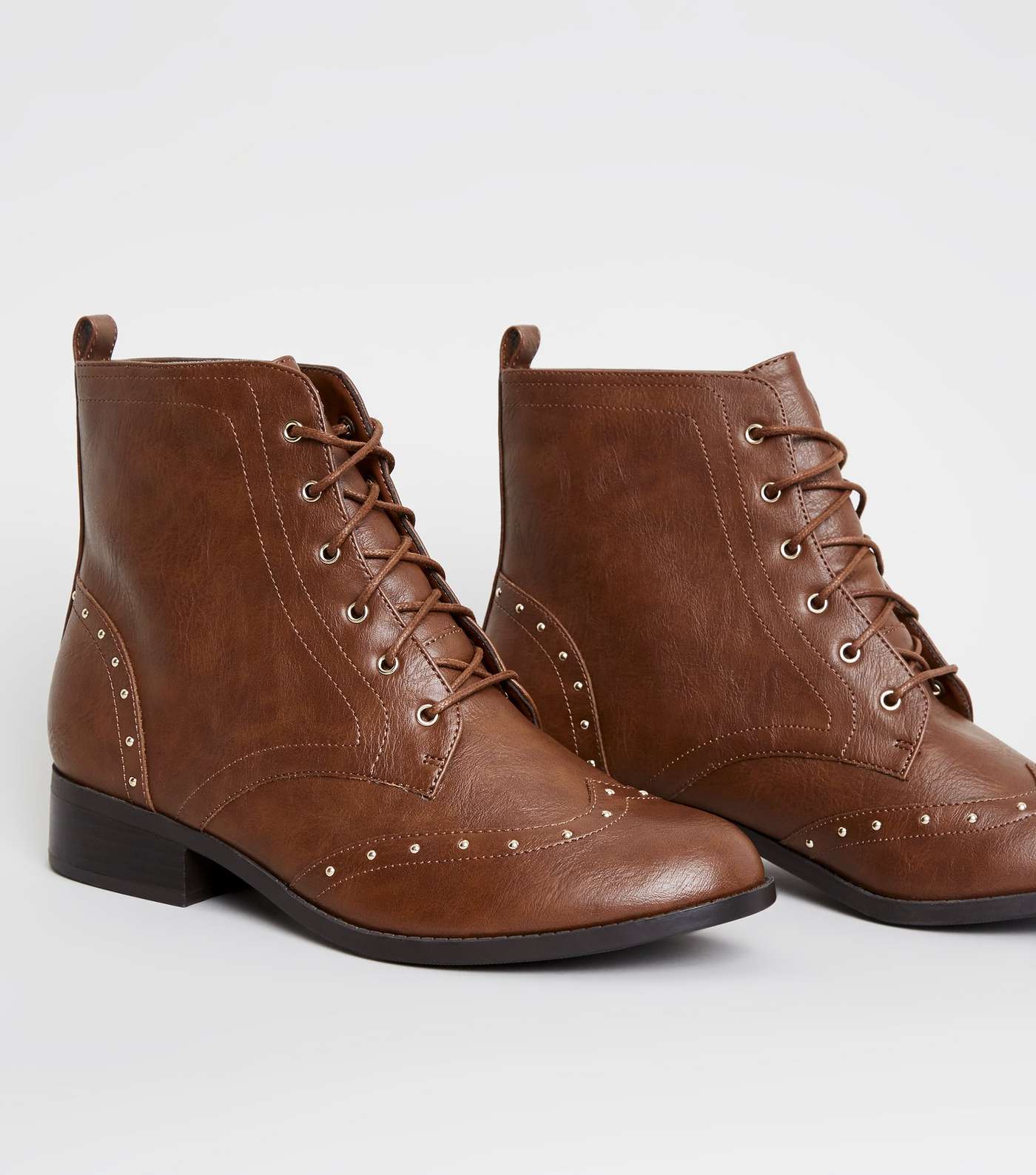 Brown Leather-Look Studded Brogue Boots Image 4