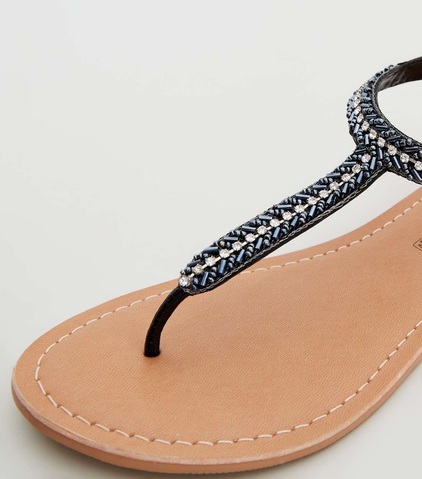 Black Leather Strap Diamanté and Bead Sandals Image 3