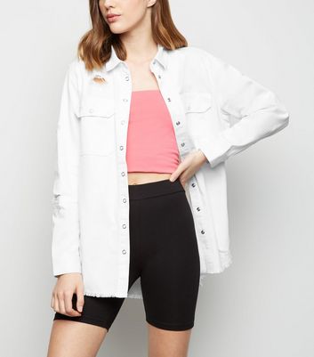White Fray Hem Oversized Denim Shirt 
