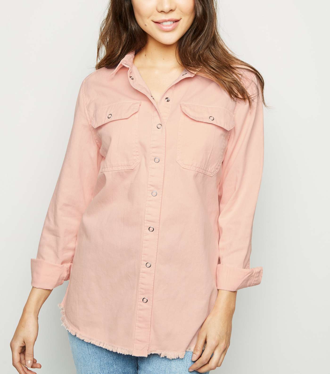 Pale Pink Fray Hem Oversized Denim Shirt