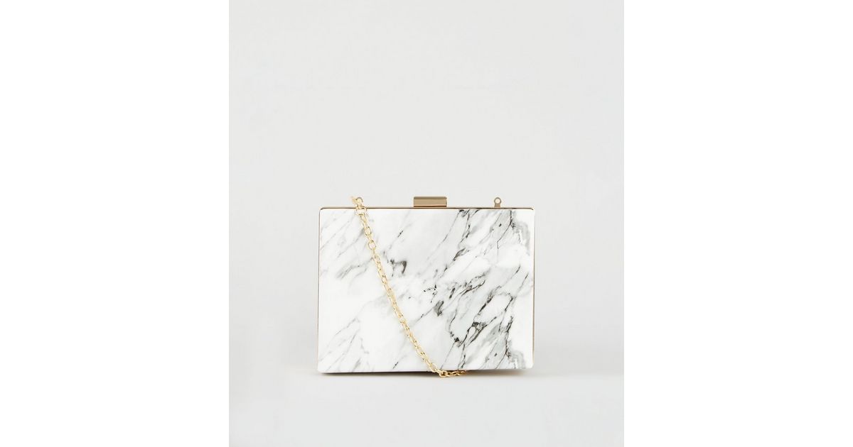 White Marble Effect Box Clutch Bag | New Look