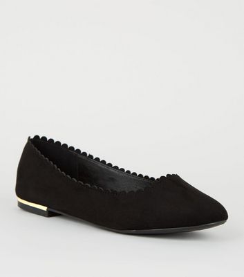 Wide Fit Black Suedette Scallop Metal Trim Ballet Pumps | New Look