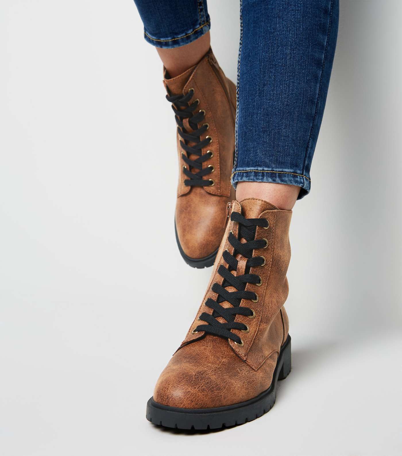 Tan Oiled Leather-Look Lace-Up Boots Image 2