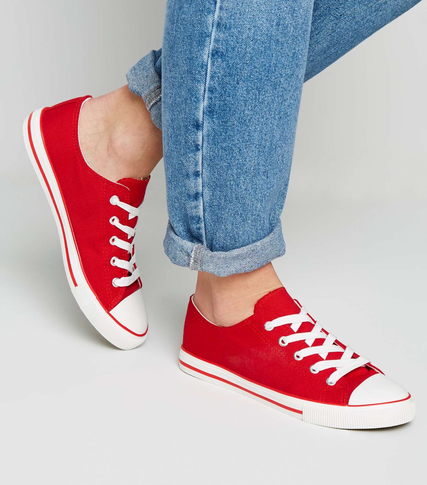 Red Canvas Lace Up Trainers  Image 2