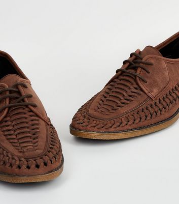 Brown Leather-Look Woven Lace Up Shoes 