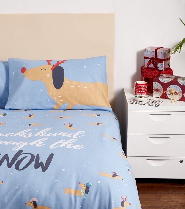 Blue Dachshund Christmas Double Duvet Set New Look