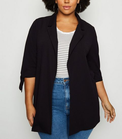 Curves Black Tie Sleeve Longline Blazer