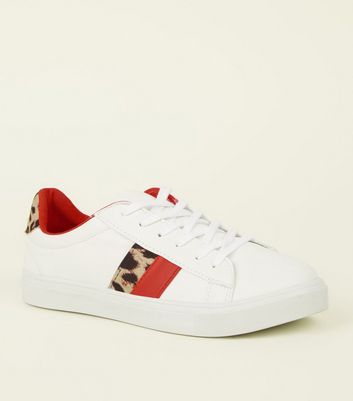 White Leopard Print Red Stripe Lace-Up 