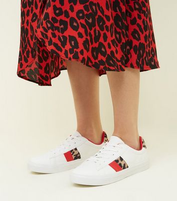 White Leopard Print Red Stripe Lace-Up 