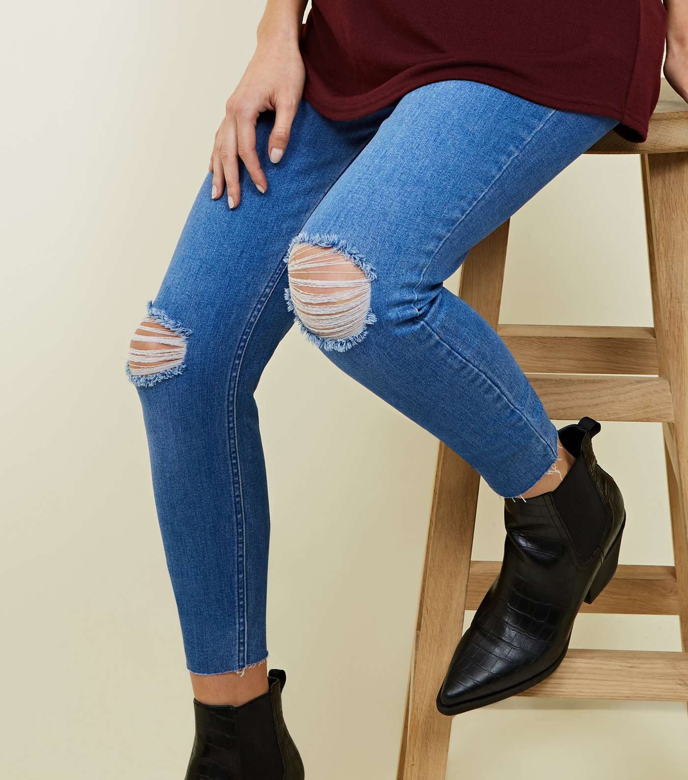 Maternity Bright Blue Over Bump Ripped Knee Jeans  Image 3
