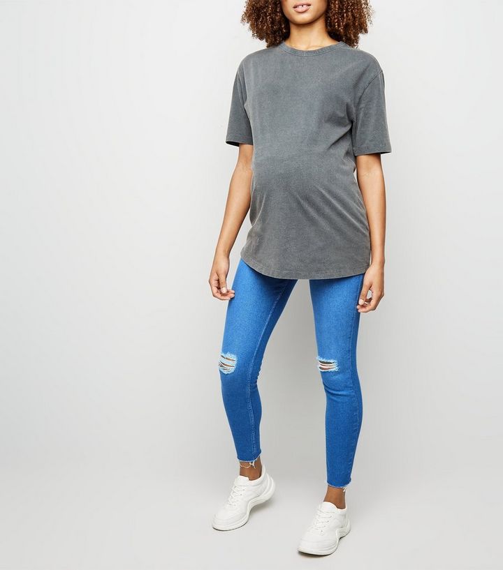 Maternity Blue Ripped Over Bump Skinny Jeans New Look