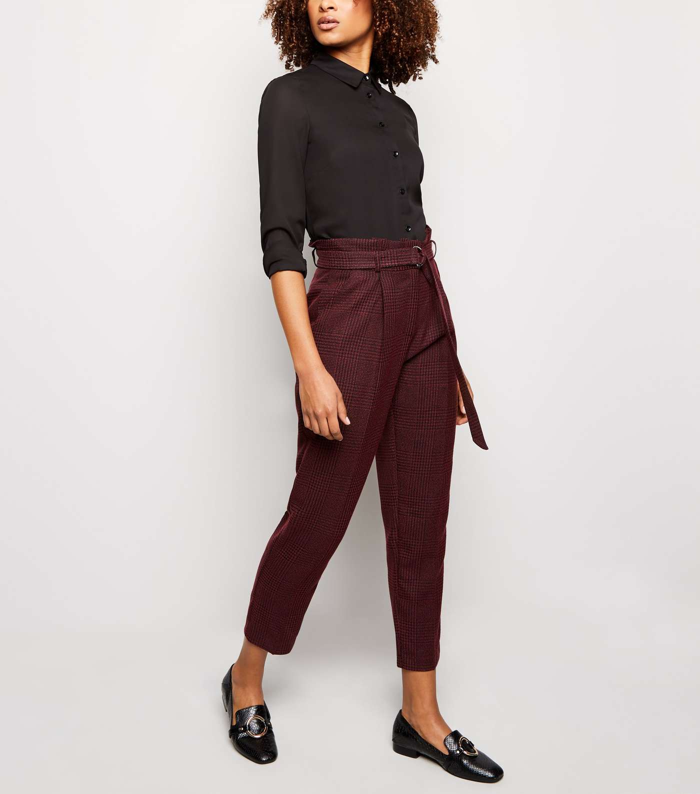 Burgundy Check D-Ring Belt Tapered Trousers