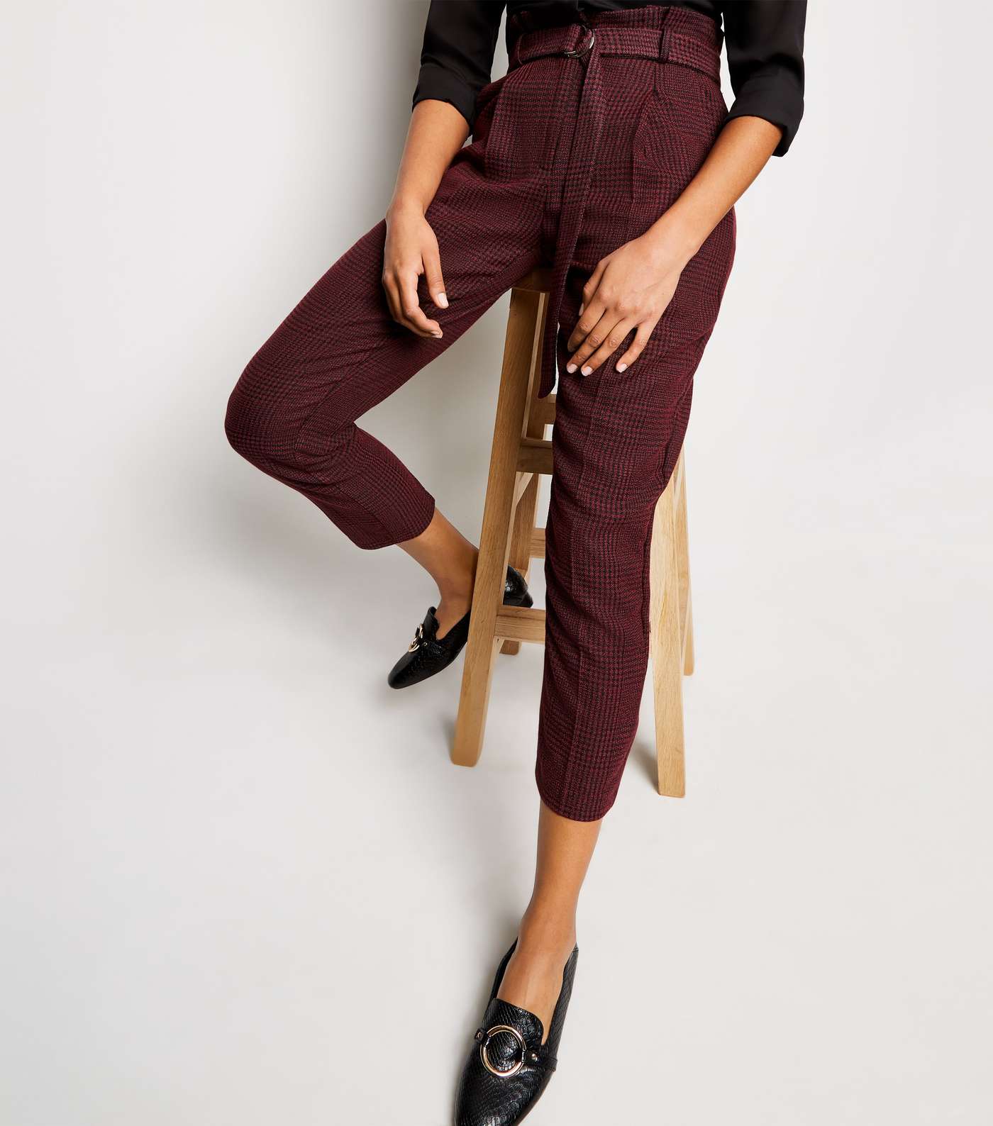Burgundy Check D-Ring Belt Tapered Trousers Image 3