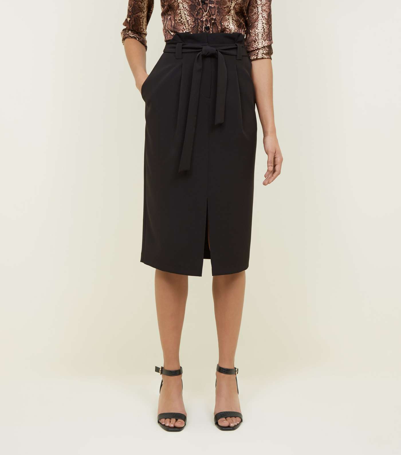 Black Paperbag Front Split Midi Skirt Image 2
