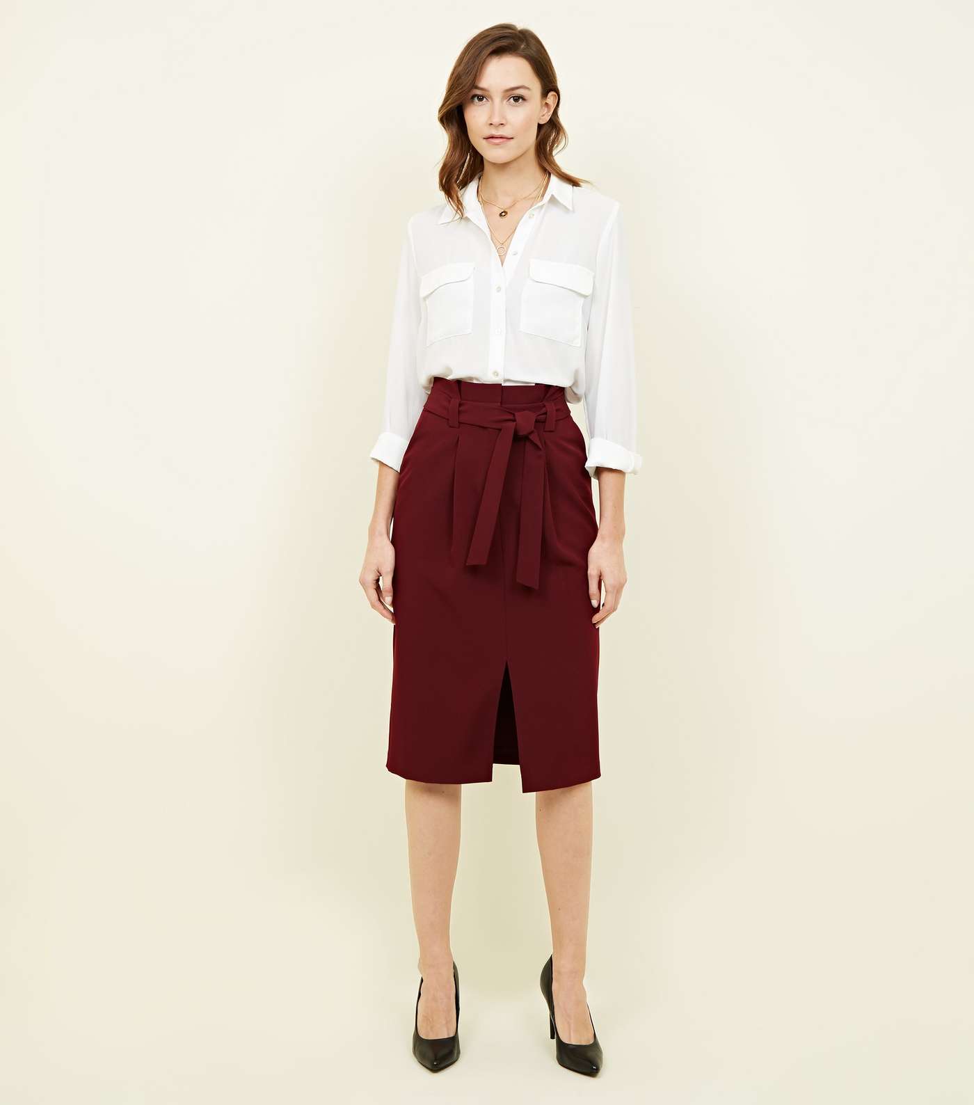 Burgundy Paperbag Waist Midi Skirt
