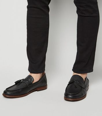 Black LeatherLook Tassel Trim Loafers New Look