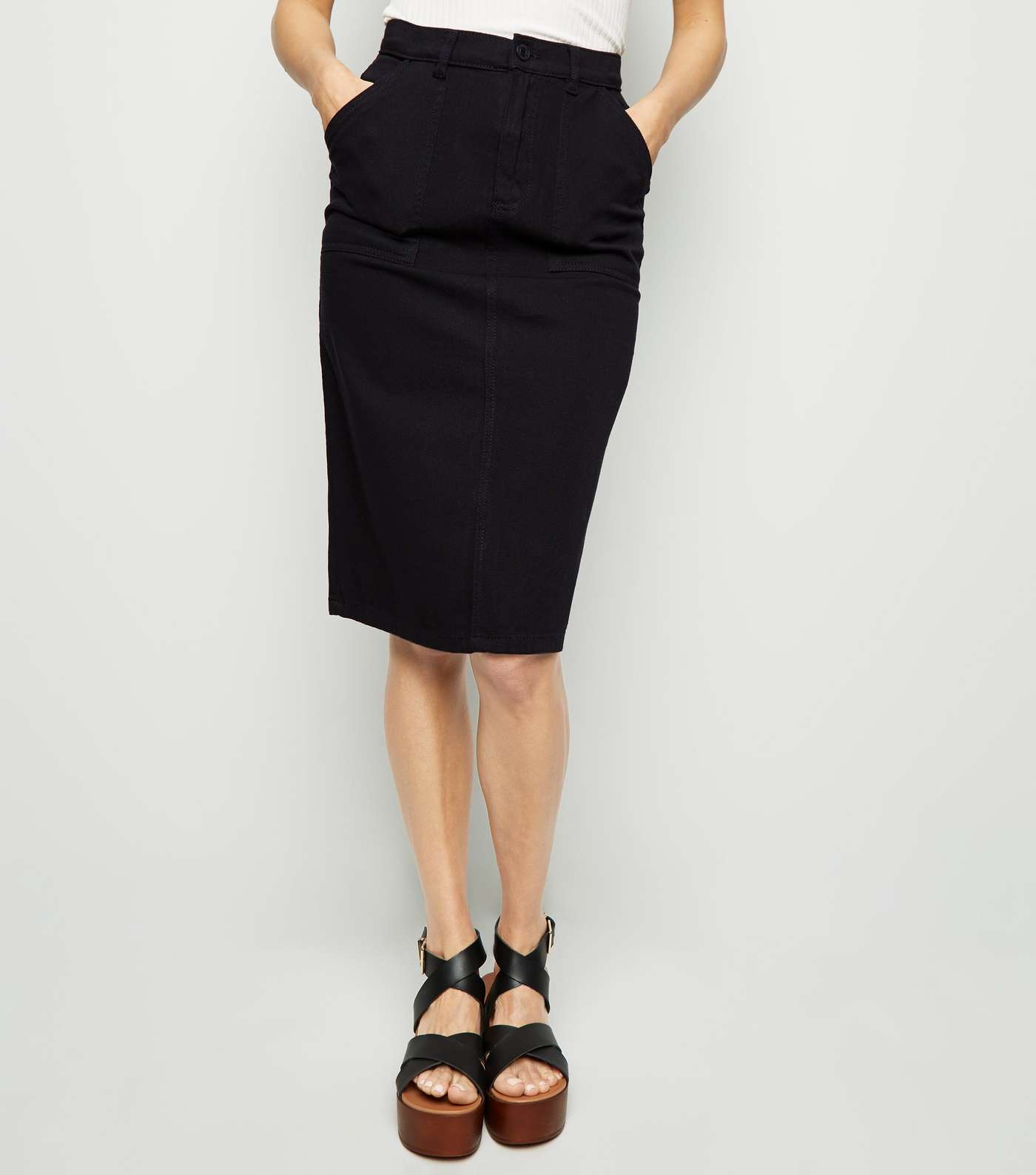 Black High Waist Denim Midi Skirt Image 2