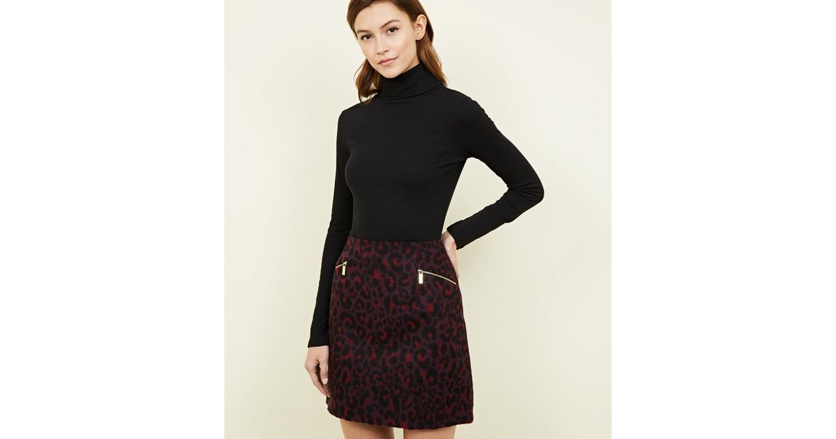 Burgundy Leopard Print Brushed Mini Skirt | New Look