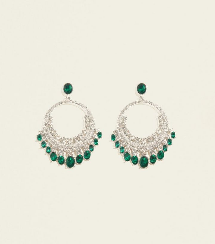 Green Gem Embellished Hoop Drop Earrings New Look The Look