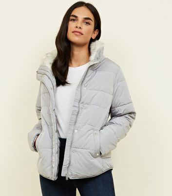 Grey Faux Fur Lined Fitted Puffer 