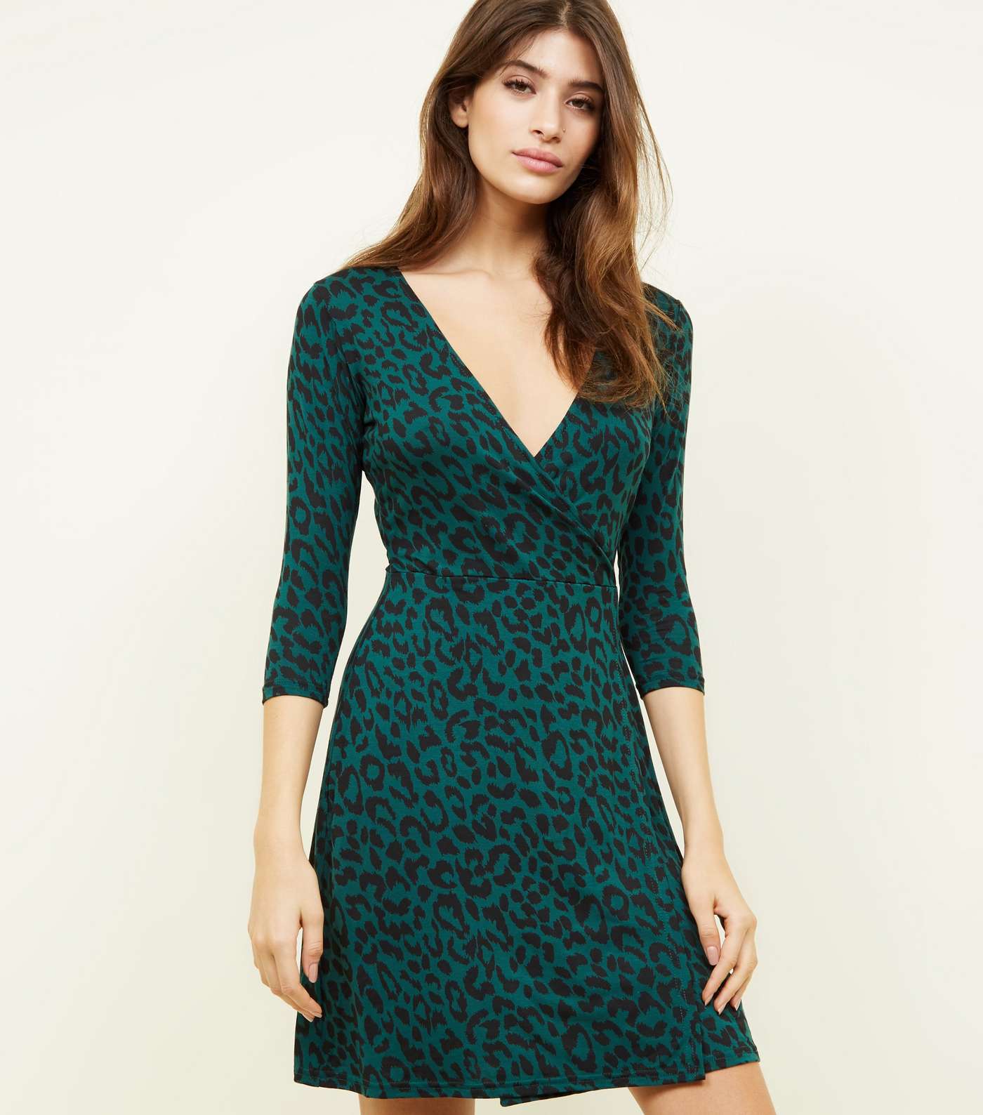 Green Leopard Print Jersey Mini Wrap Dress
