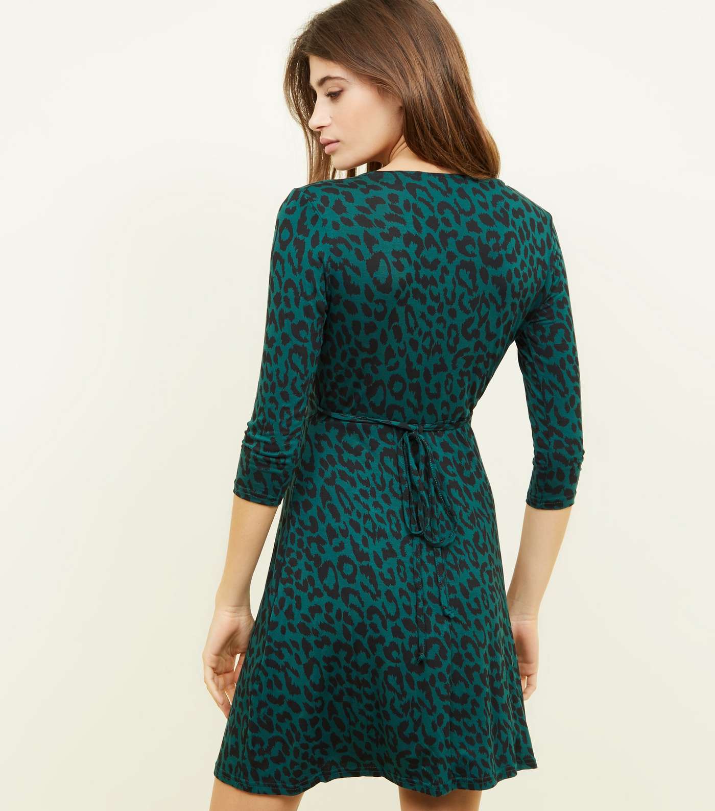 Green Leopard Print Jersey Mini Wrap Dress Image 3