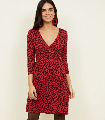 Red Leopard Print Jersey Wrap Mini Dress New Look