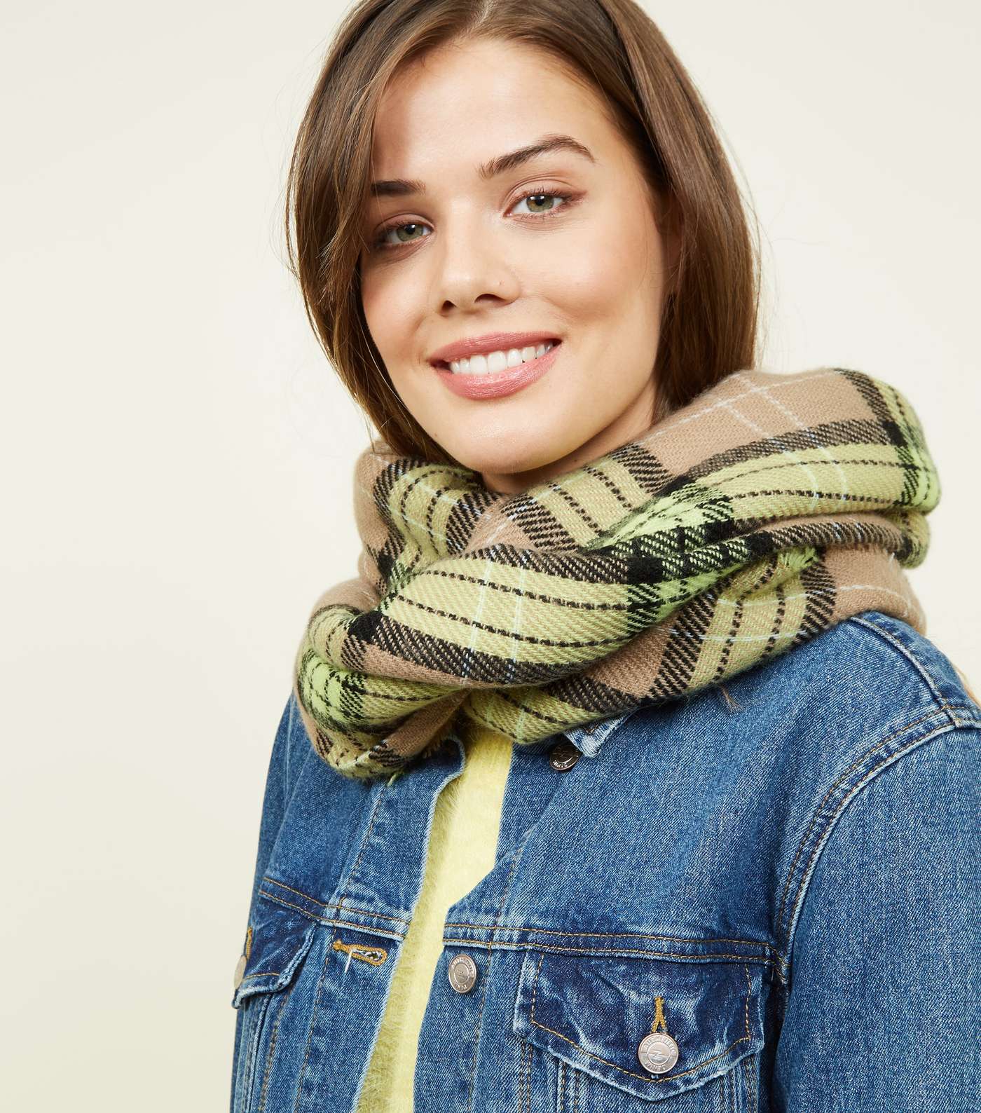 Camel and Neon Green Check Scarf Image 2