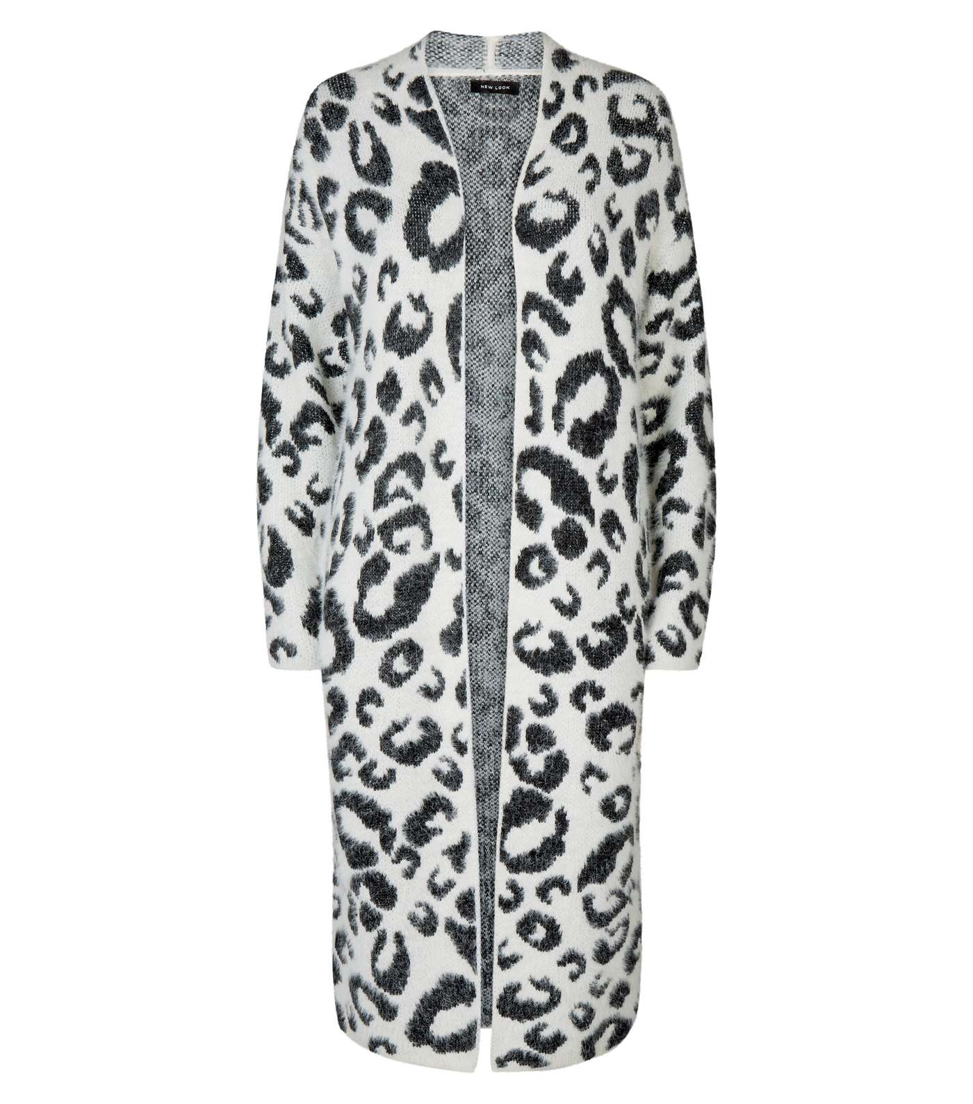 White Leopard Knit Fluffy Longline Cardigan Image 4