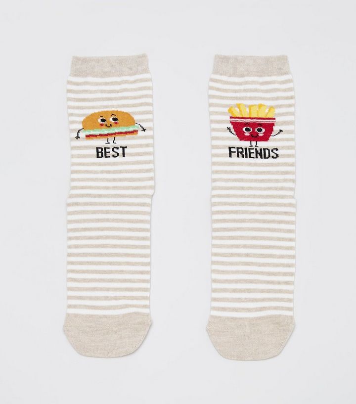 Cremeweisse Socken Mit Streifen Und Best Friends Slogan Und Fast Food Motiven New Look