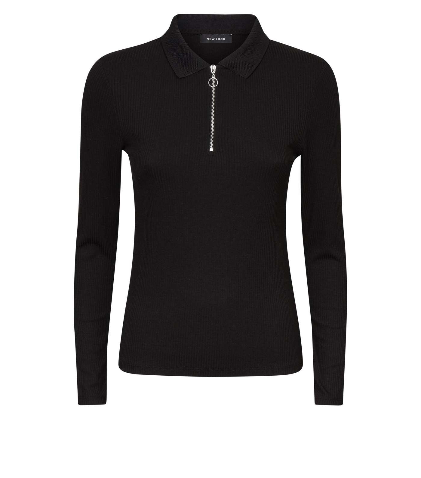 Black Zip Front Long Sleeve Polo Shirt  Image 4