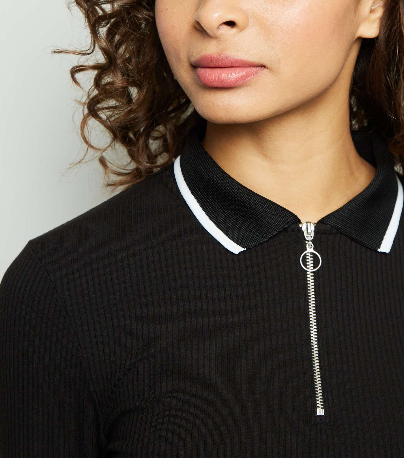 Black Tipped Zip Front Long Sleeve Polo Shirt Image 3