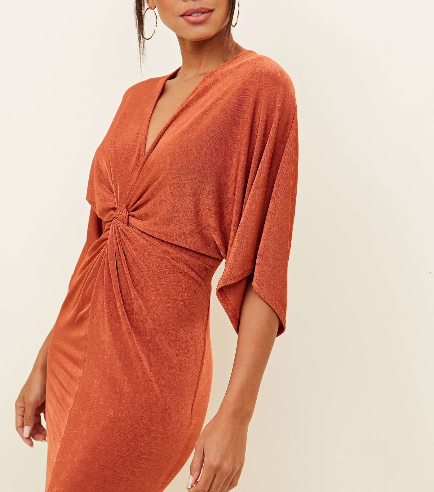 Rust Kimono Sleeve Twist Front Midi Dress Image 3