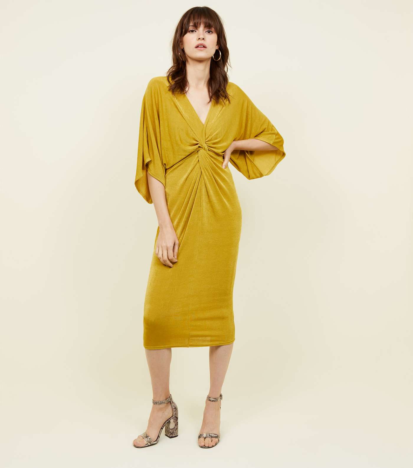 Yellow Kimono Sleeve Twist Front Midi Dress Image 2