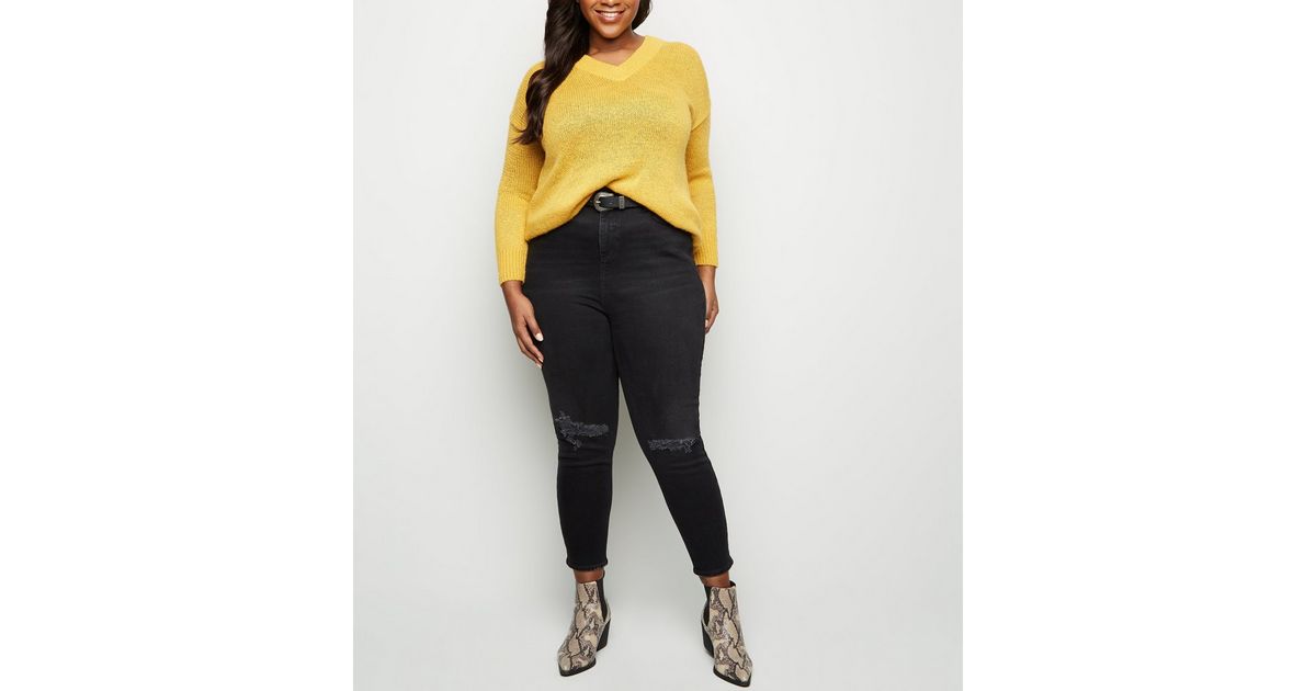 Curves Black Ripped Knee Slim Leg Mom Jeans New Look