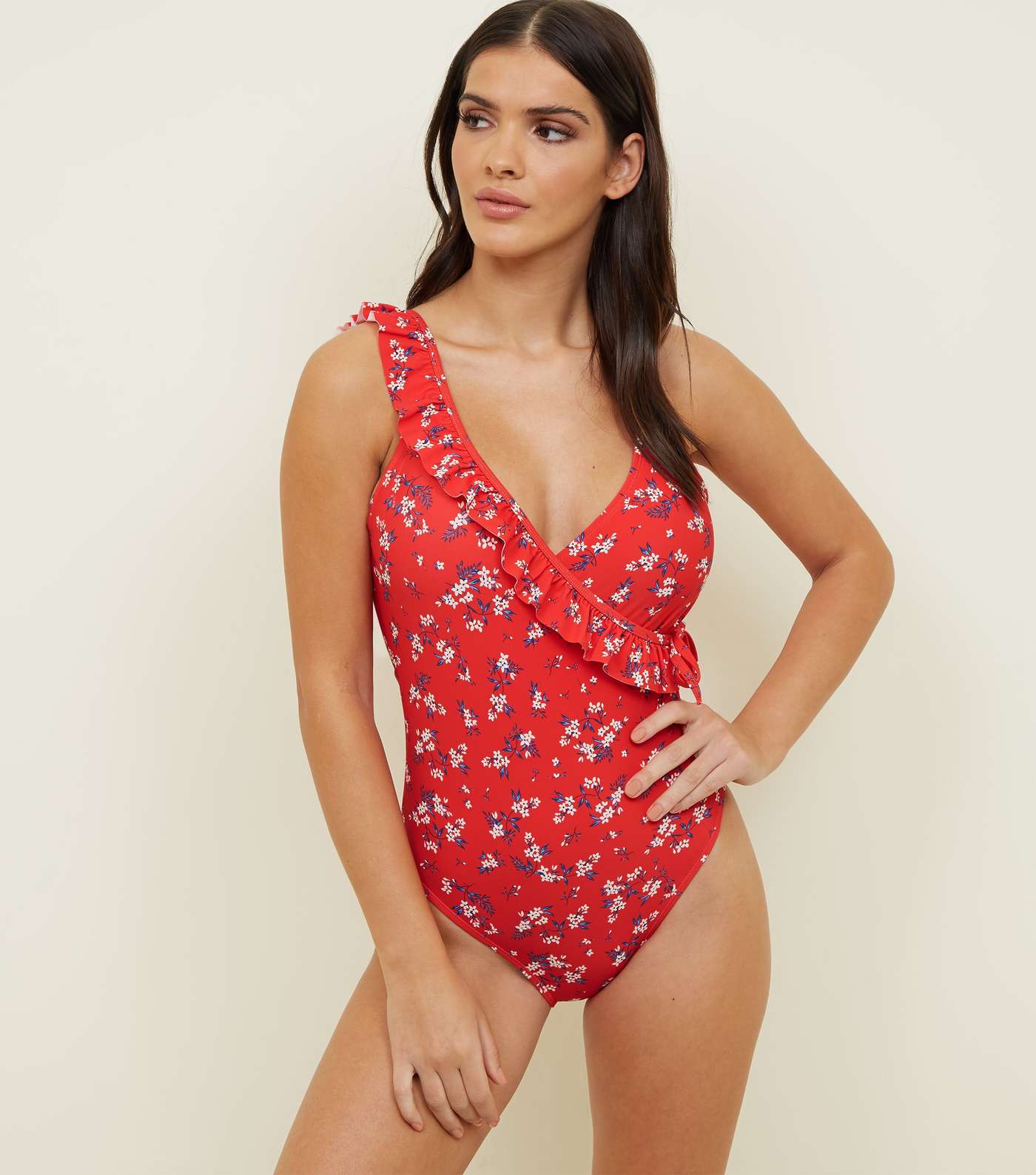 Red Floral Frill Wrap Front Swimsuit 