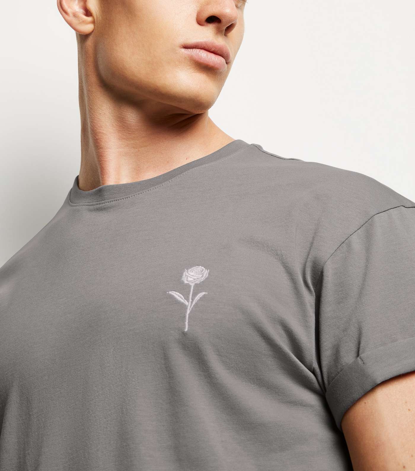 Pale Grey Embroidered Rose T-Shirt Image 5