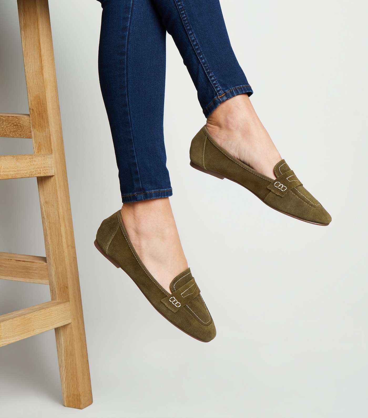 Khaki Suede Contrast Stitch Loafers Image 2