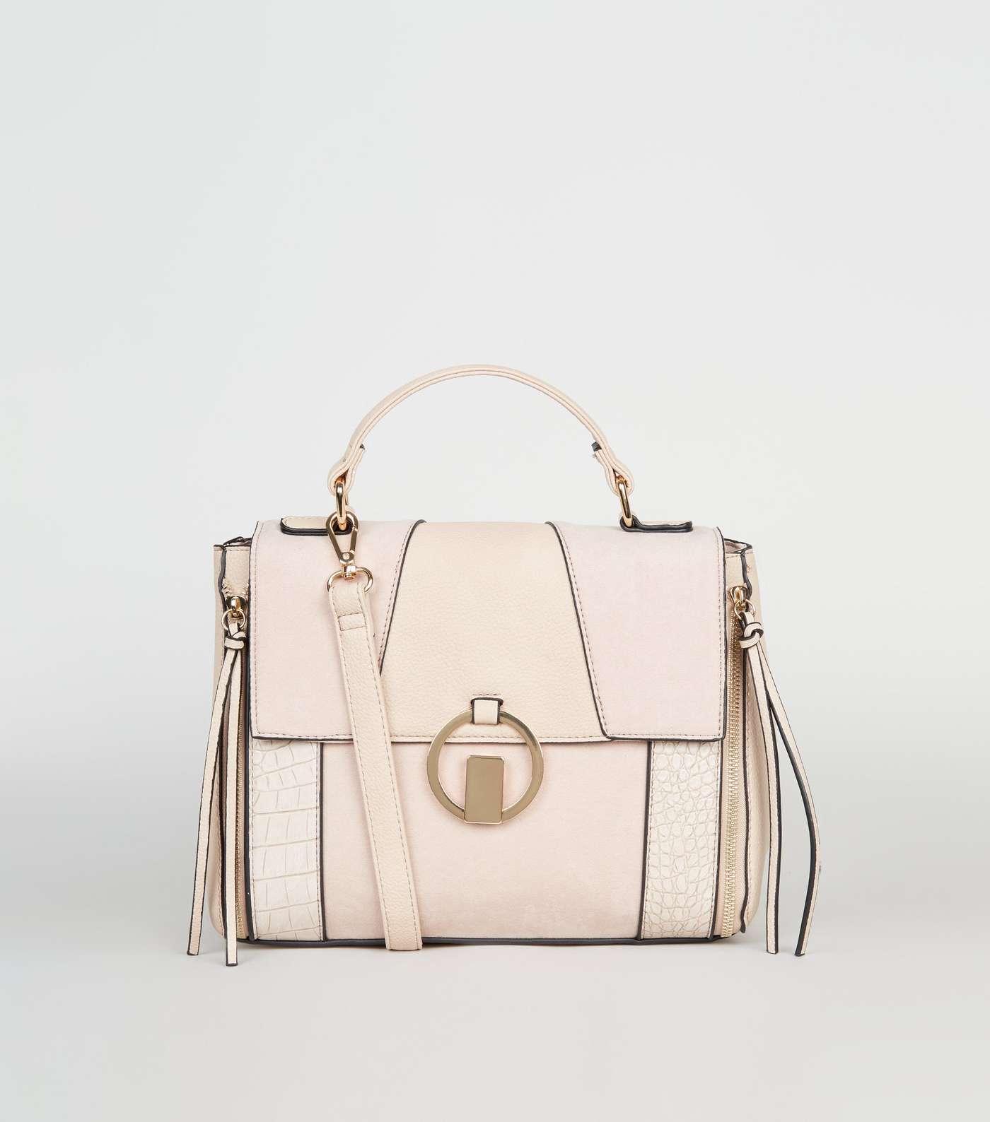 Nude Mixed Panel Ring Front Satchel Bag 