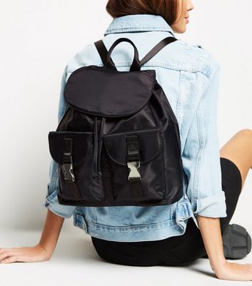 Black Clip Double Pocket Utility Backpack | New Look