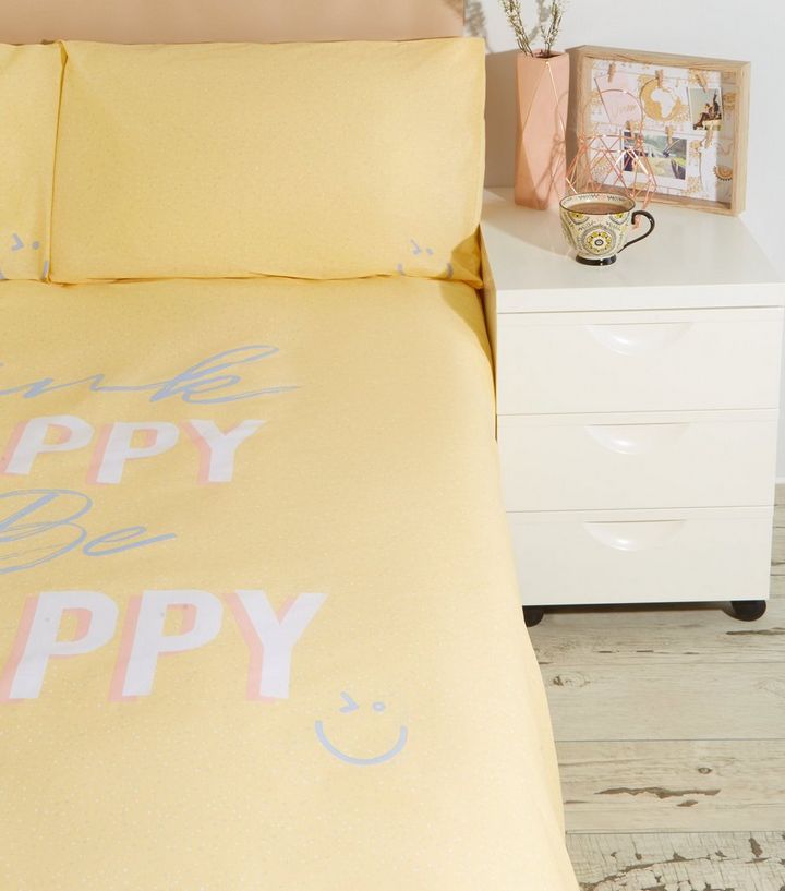 Yellow Flecked Happy Slogan Cotton Single Duvet Set New Look Happy Slogan Cotton Single Duvet Set