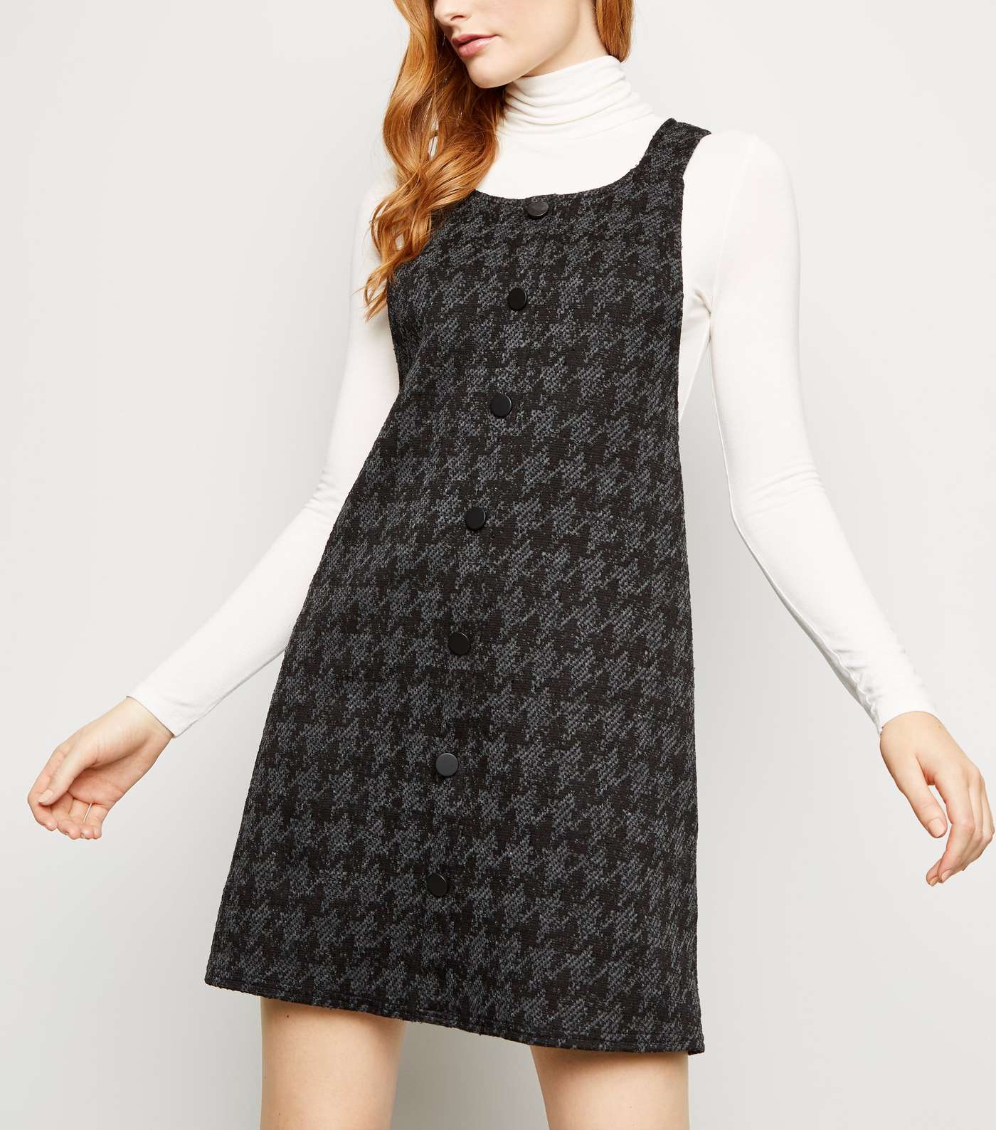 Black Houndstooth Button Front Pinafore Dress
