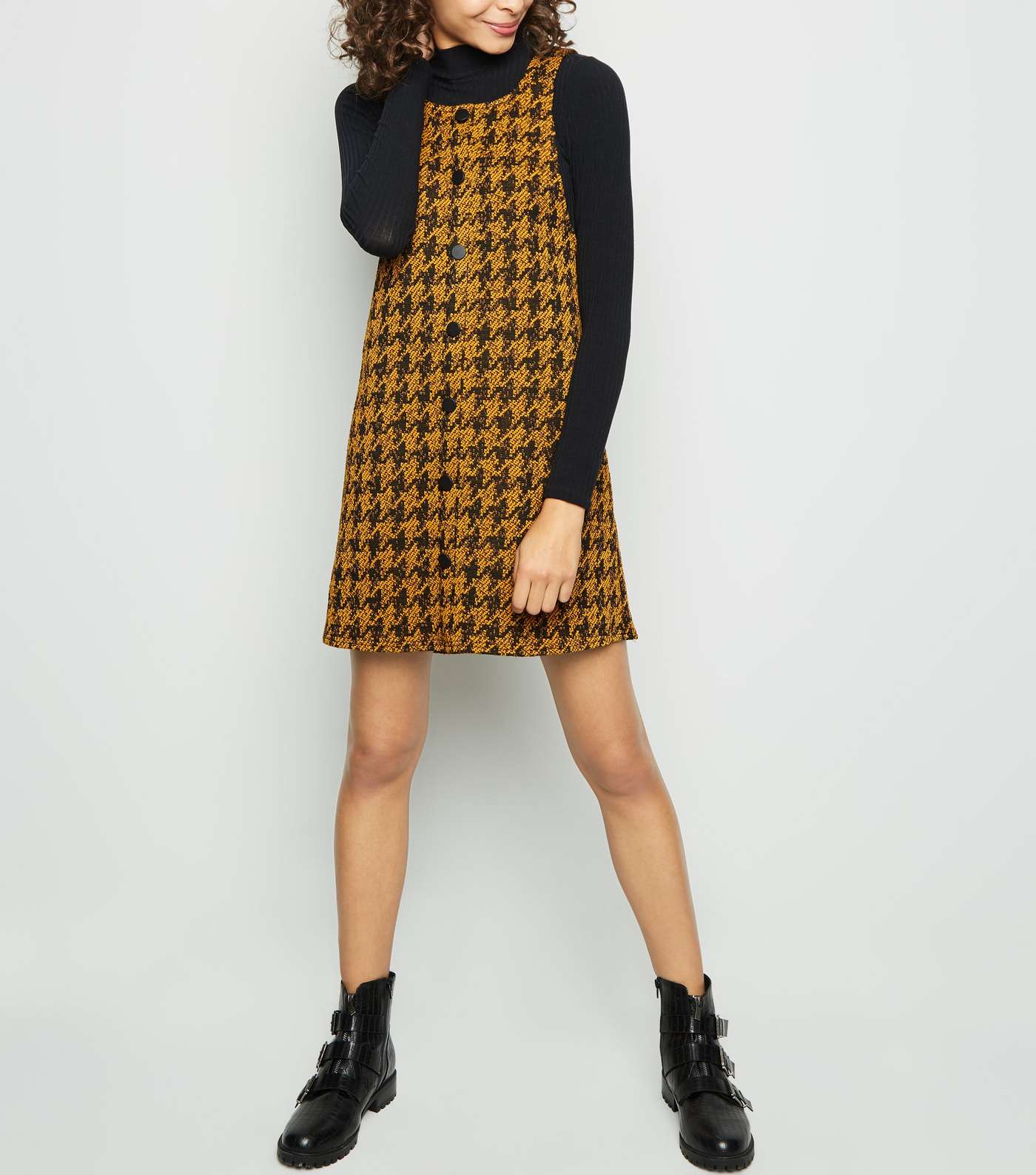 Mustard Houndstooth Button Front Pinafore Dress Image 2