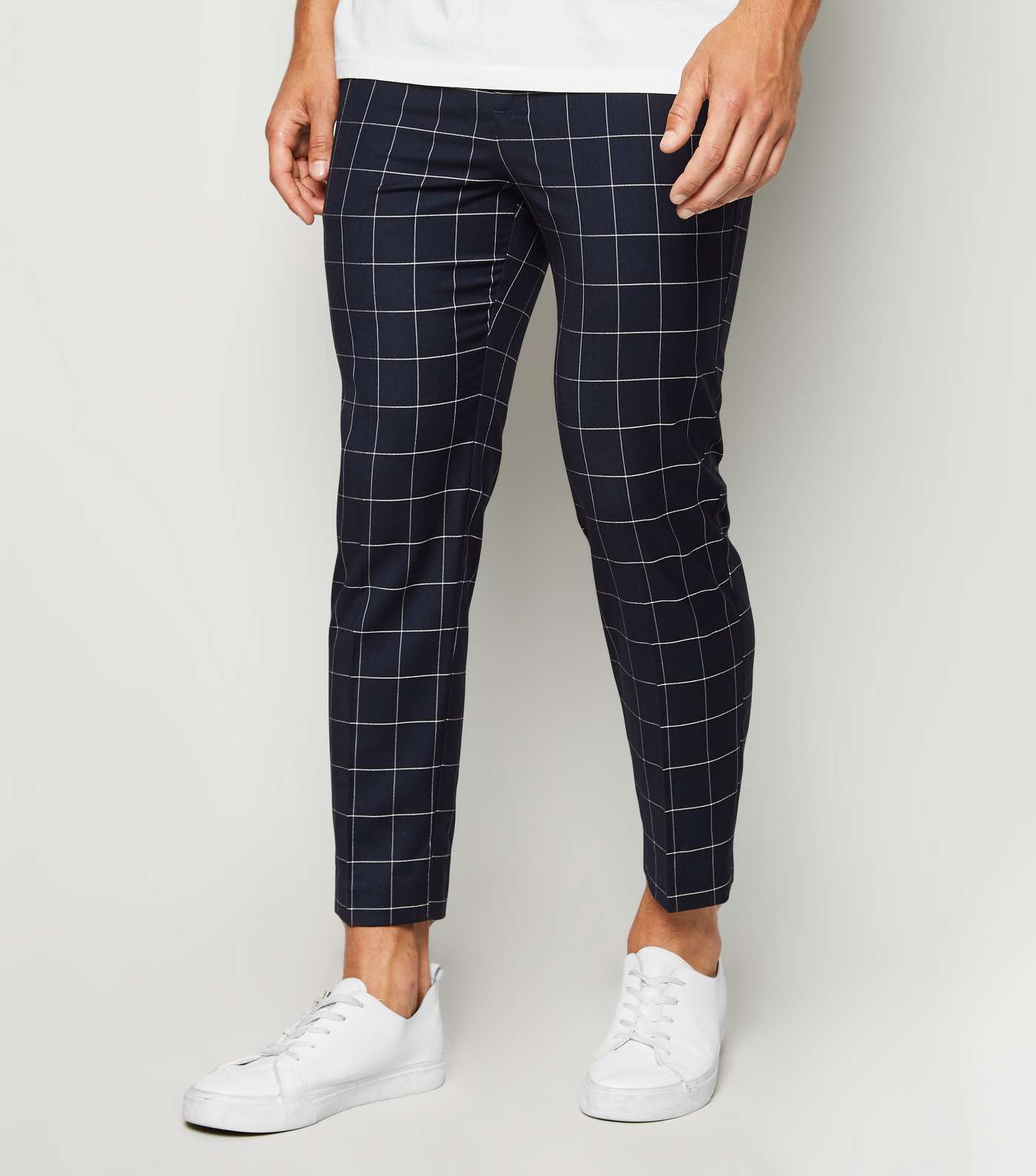 Navy Grid Check Skinny Crop Trousers