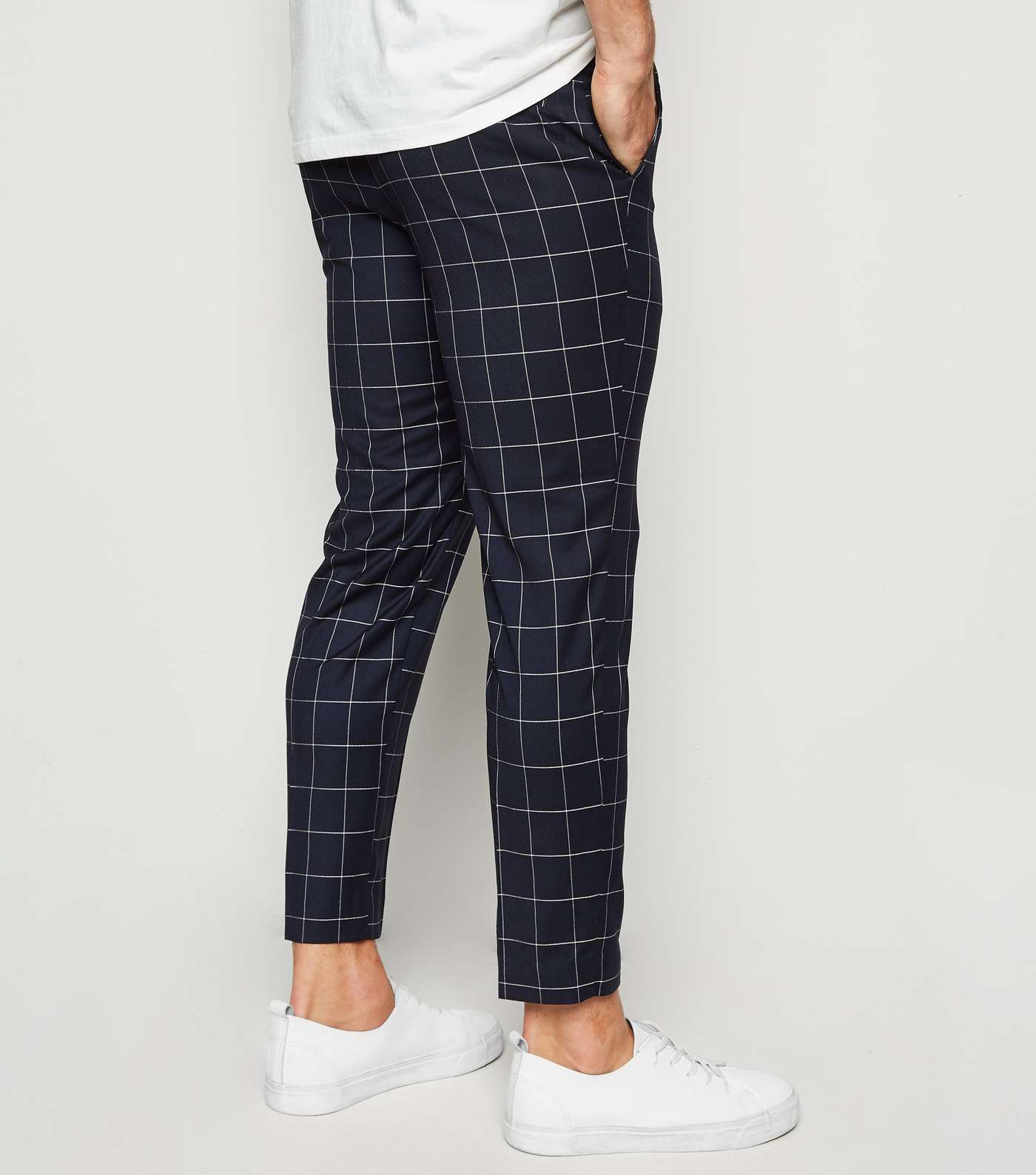 Navy Grid Check Skinny Crop Trousers Image 5